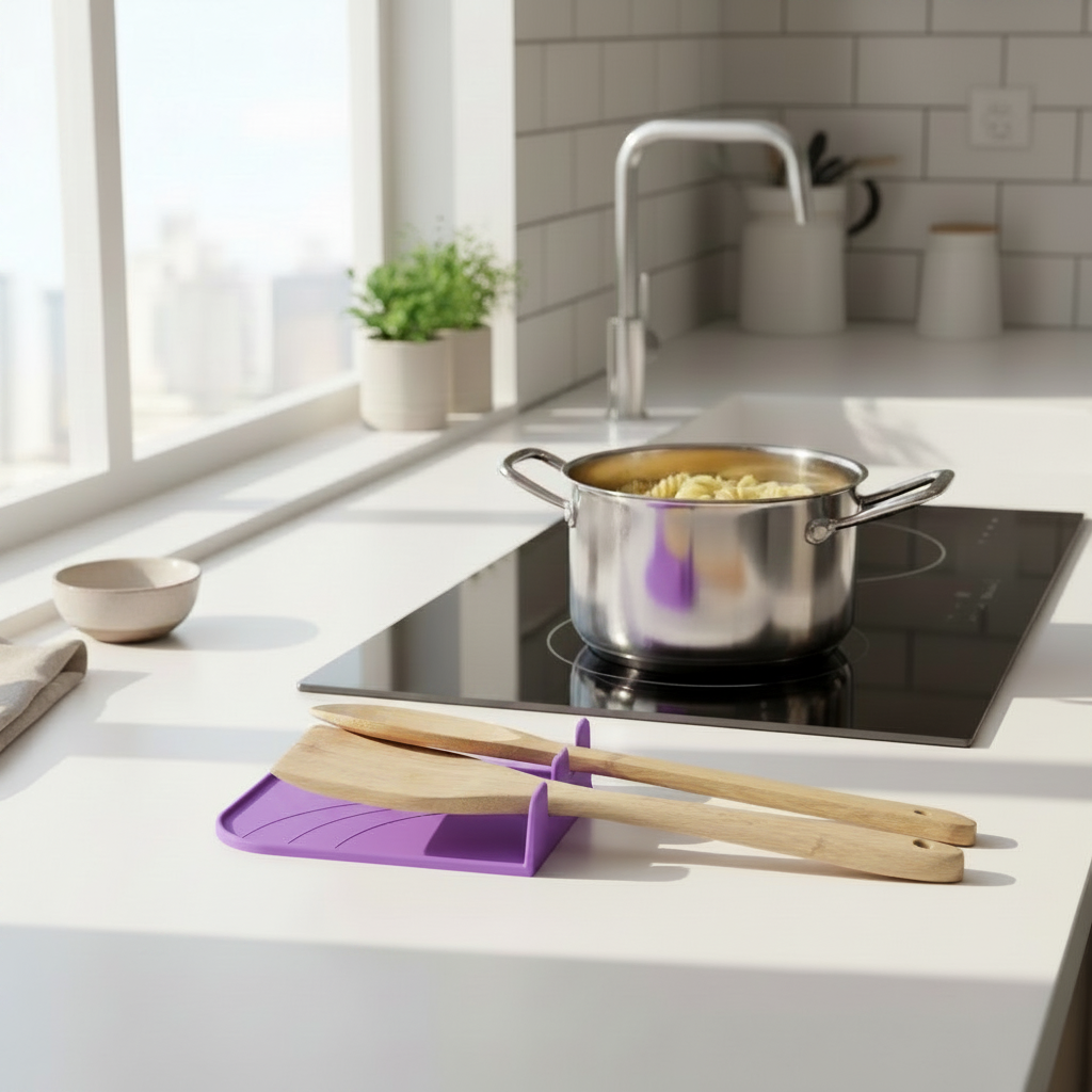Cooksitter Duo Utensil Rest - purple colourway holding wooden spoons on marble counter beside induction hob