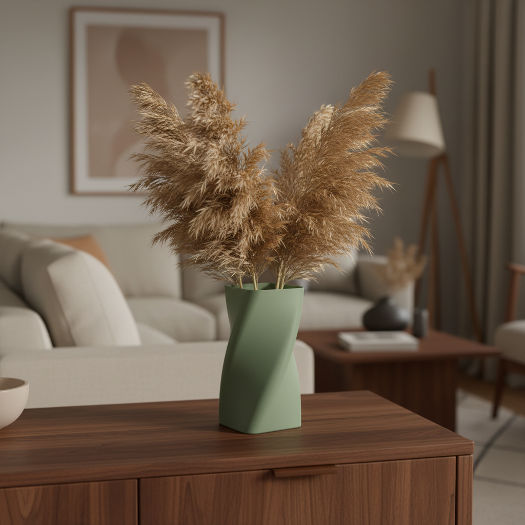 Sage green swirled vase on dark walnut sideboard with pampas grass, Japandi living room