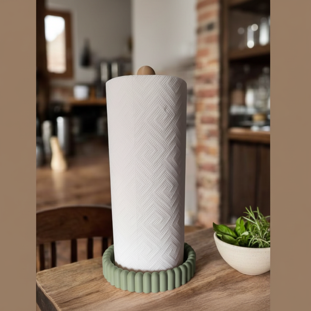 Kitchen Roll Paper Towel Holder - green colourway with kitchen roll on wooden counter, fresh herbs and ceramic bowl in background
