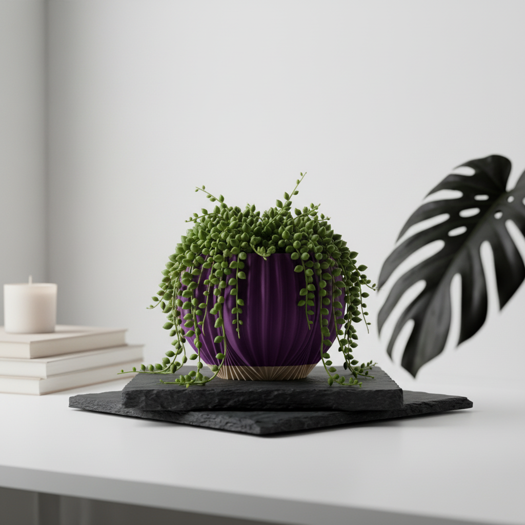 Purple ripple planter on white desk - lifestyle