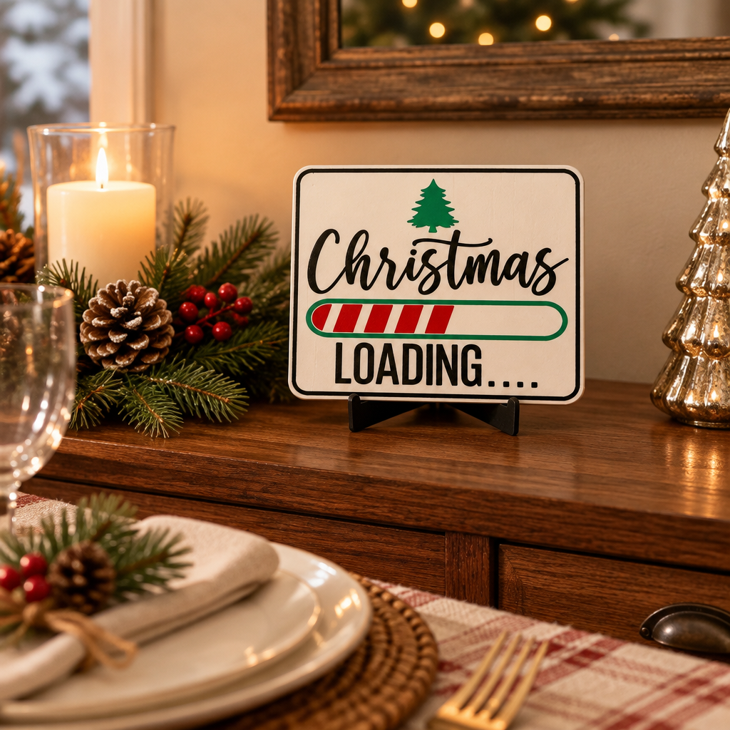 Christmas Loading Sign on a sideboard beside a winter table setting