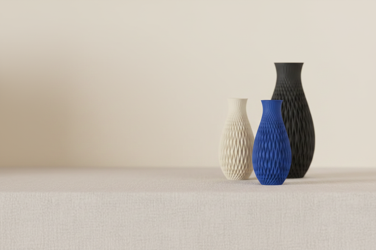 Three Textured Geometric Vases black beige blue diamond-weave lattice arranged on pale linen surface soft cream wall minimal editorial
