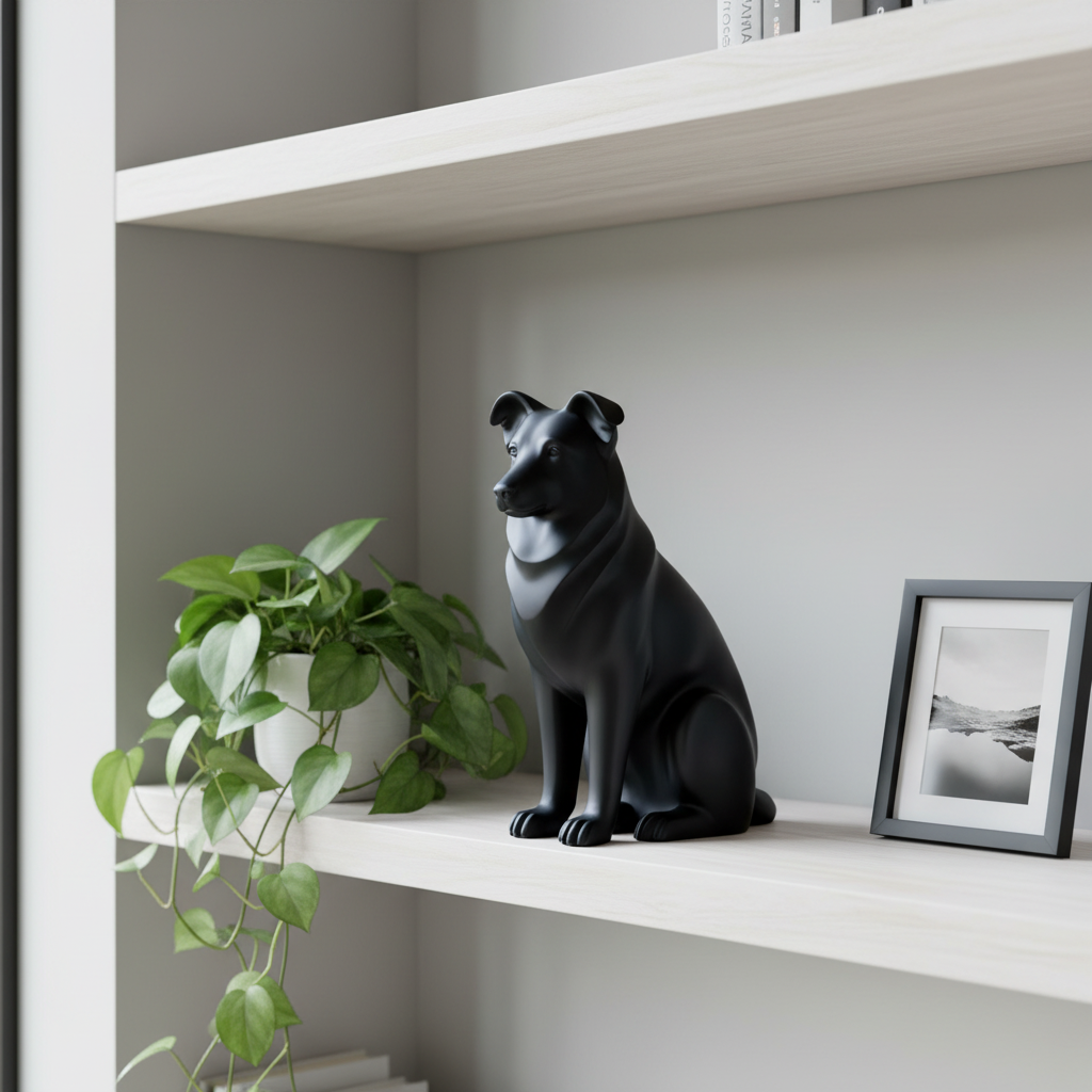 Black Australian Shepherd sculpture on a white bookshelf with a plant and framed photo