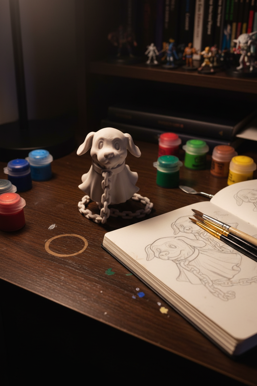 Ghost dog miniature figurine unpainted resin sad puppy face dark wooden desk open sketchbook paintbrushes acrylic paint pots miniature painting workspace atmospheric portrait