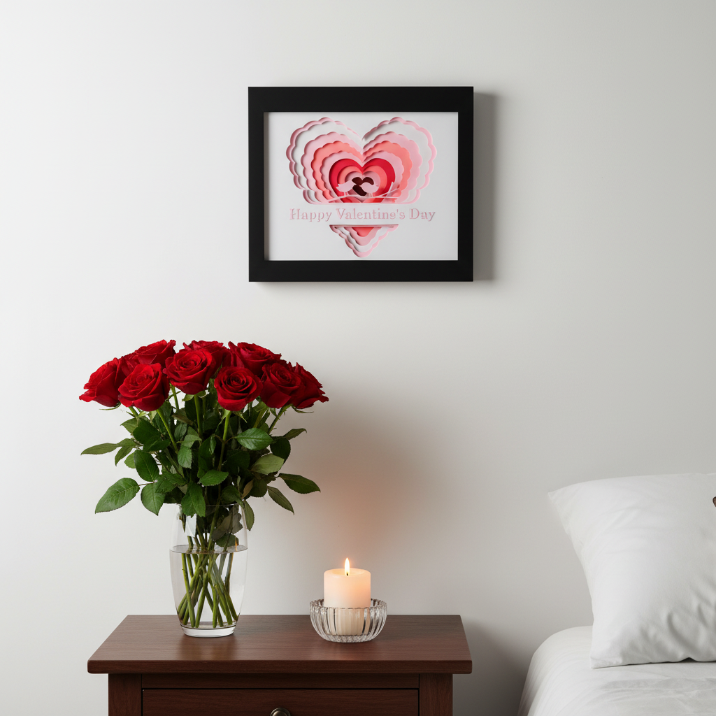 Valentine's Day Lovebirds Shadow Box displayed on white bedroom wall above bedside table with red roses and candle