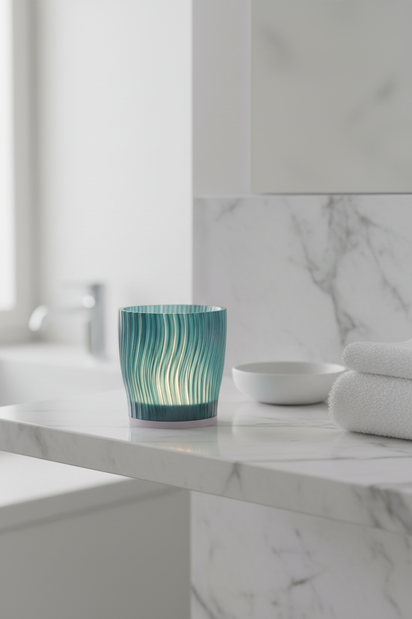 Ripple Edge Tealight Holder translucent warm white vertical wave-ripple texture soft LED glow white marble bathroom shelf ceramic dish folded towel bright minimal interior