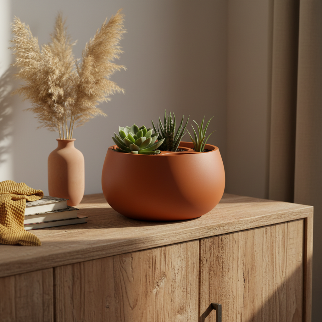 Round Dual-Chamber Self-Watering Plant Pot in orange — rustic sideboard lifestyle
