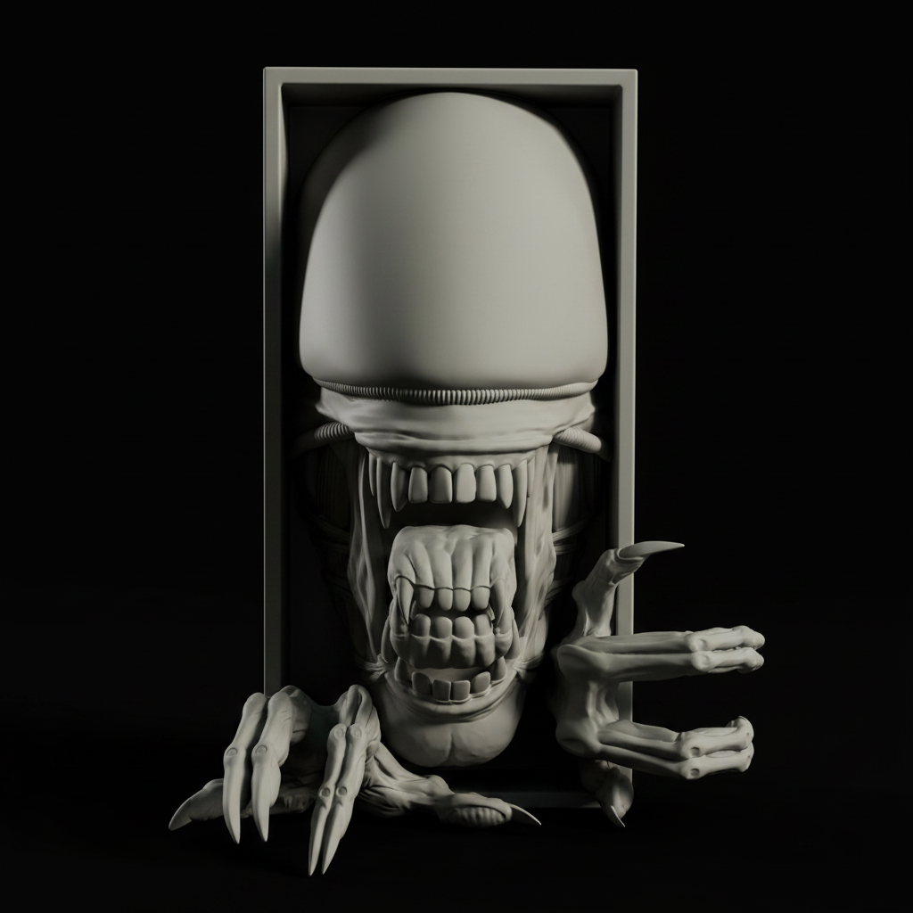 Alien Xenomorph book nook relief sculpture grey framed box extreme close up macro smooth dome cranium double jaw inner mouth rows of teeth biomechanical neck clawed hands pure black studio split raking light every surface detail sharp precise sculptural shadow square editorial