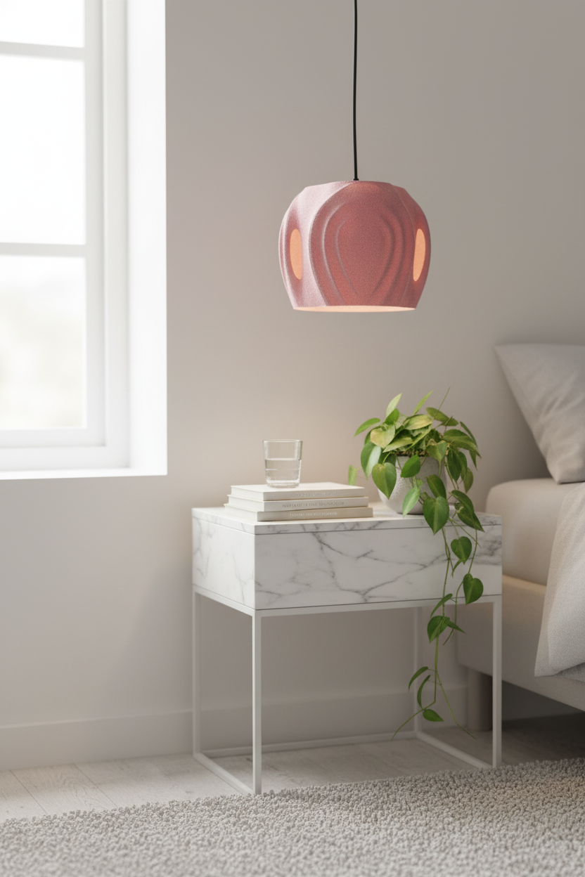Dusty pink Tri Tear pendant shade glowing above marble bedside table with trailing plant bedroom lifestyle