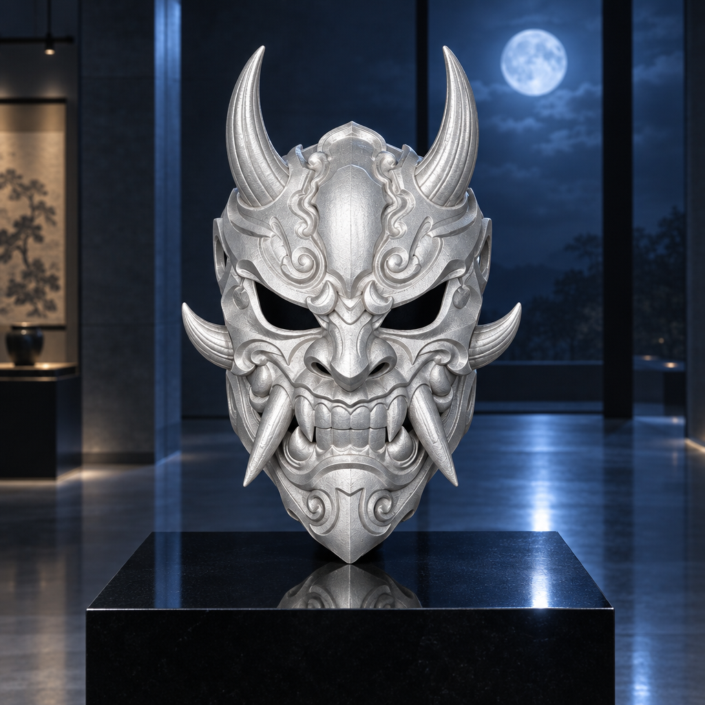 Uniform silver Oni Demon Mask displayed on a polished black plinth.