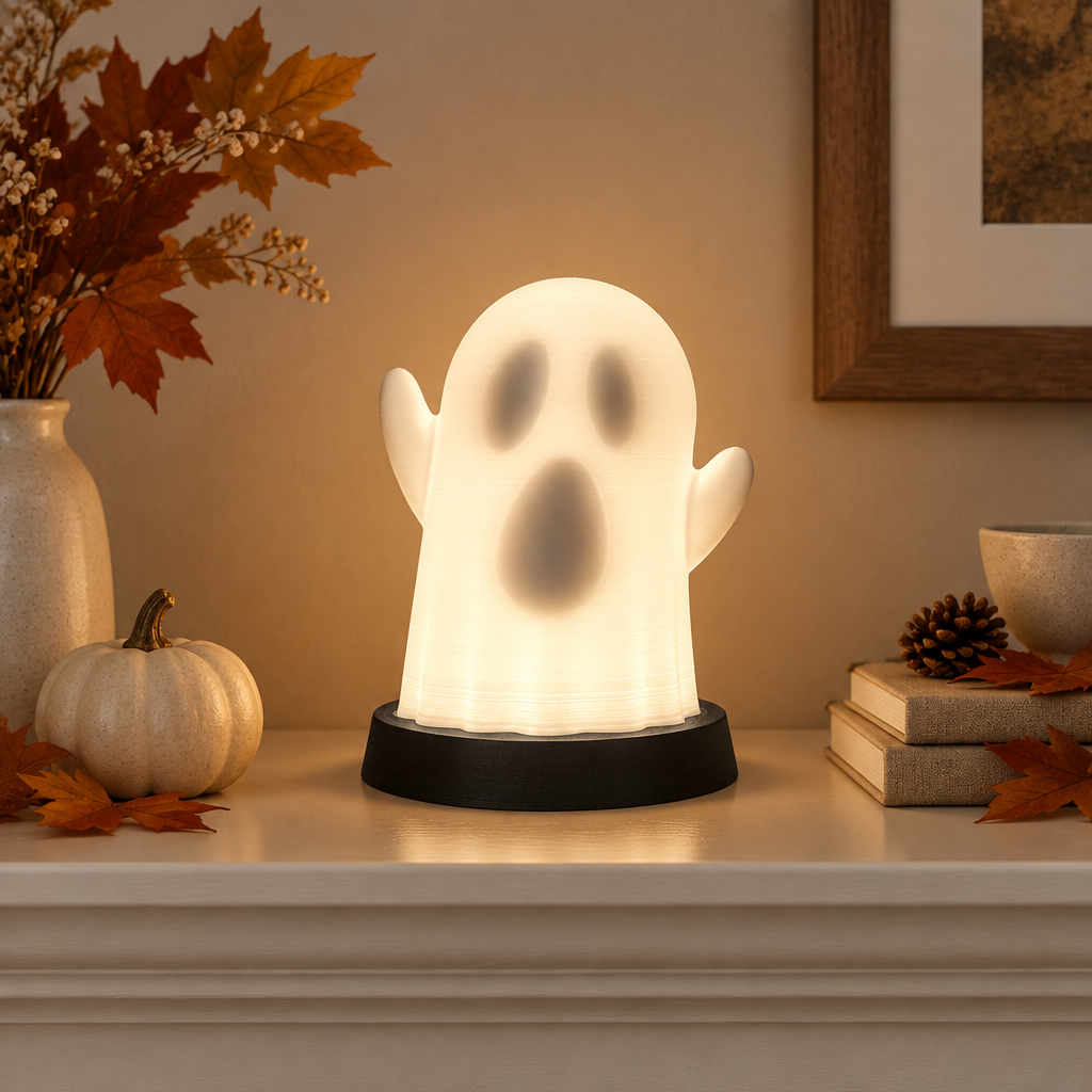 White Ghost Lamp glowing with its hidden face revealed on an autumn mantel
