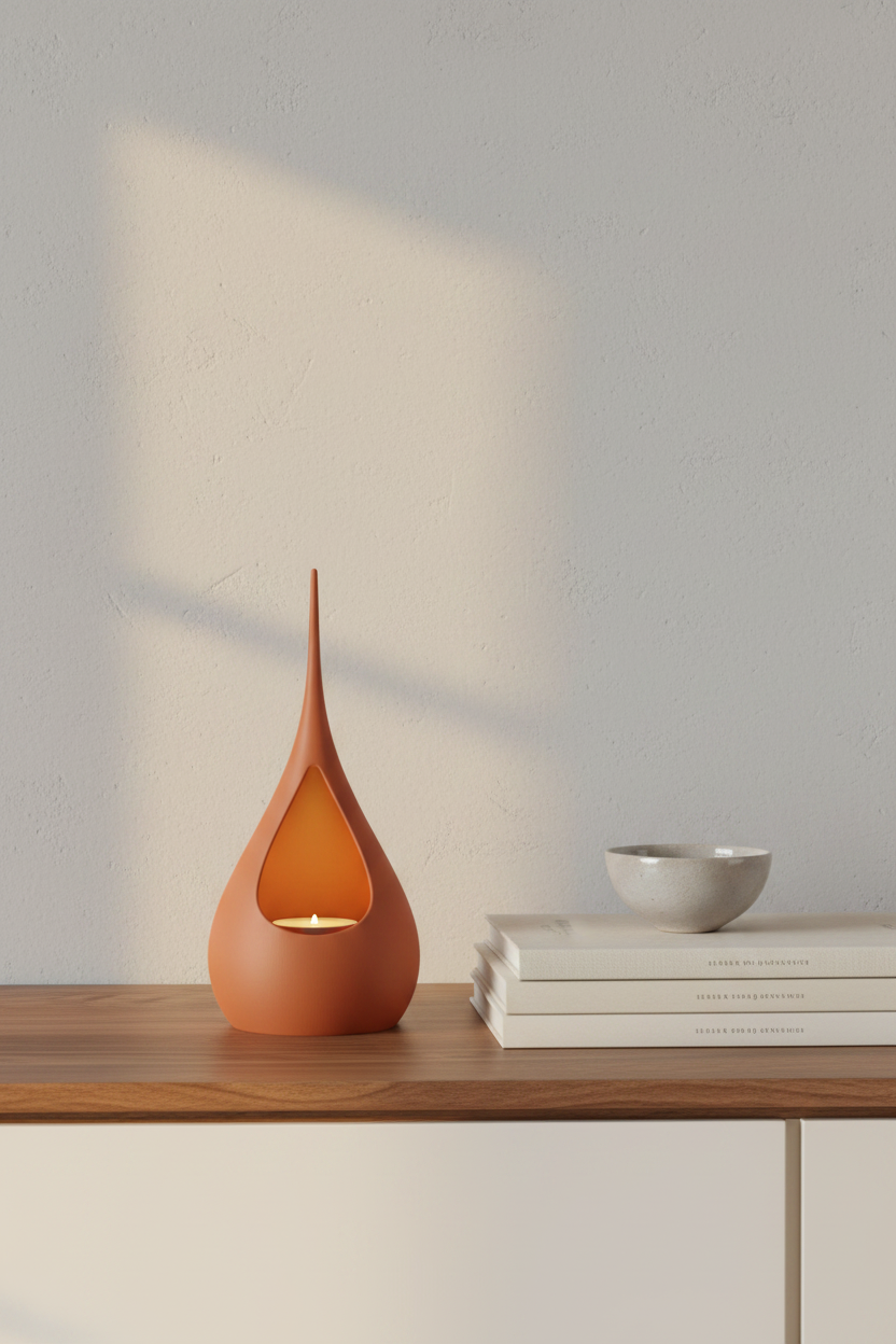 Teardrop LED Tealight Holder terracotta orange warm gold glow on walnut shelf beside design books and ceramic bowl warm afternoon window light Japandi interior