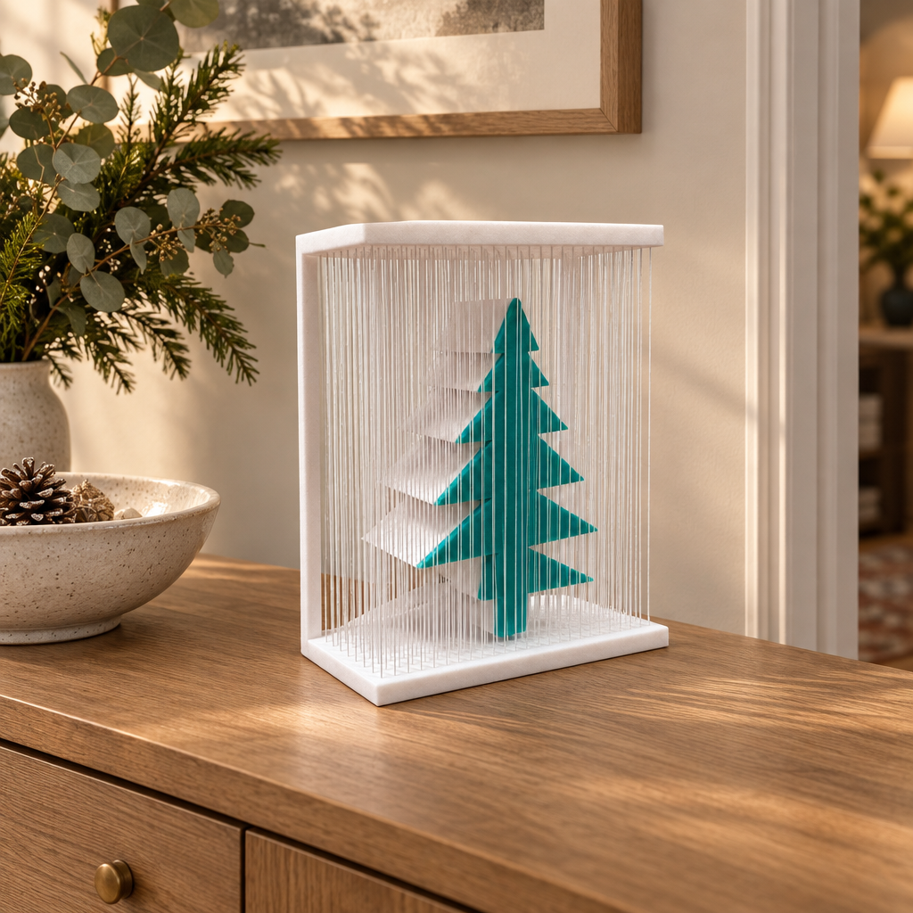Modern teal-green Christmas tree display on a white frame, styled on a neutral entryway console.