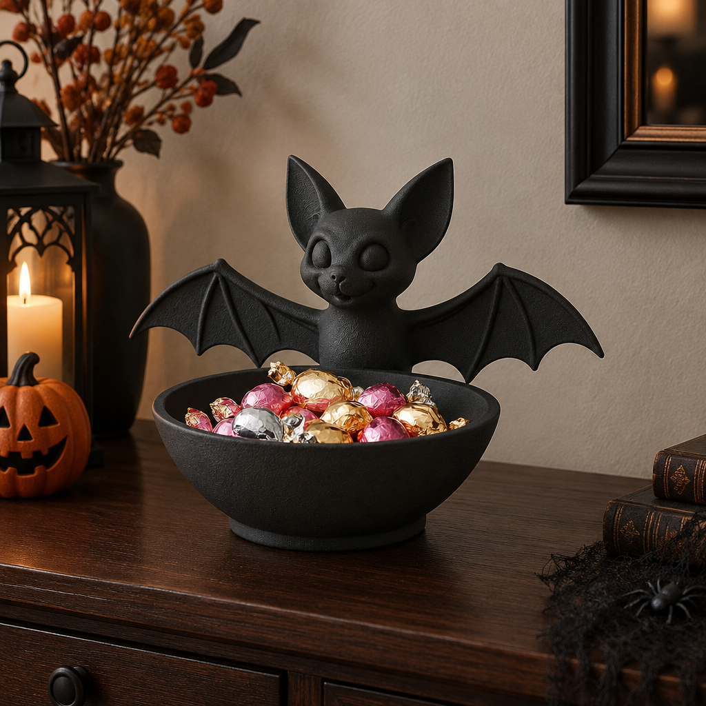 Black Bat Sweet Tray with wrapped sweets on an entryway console