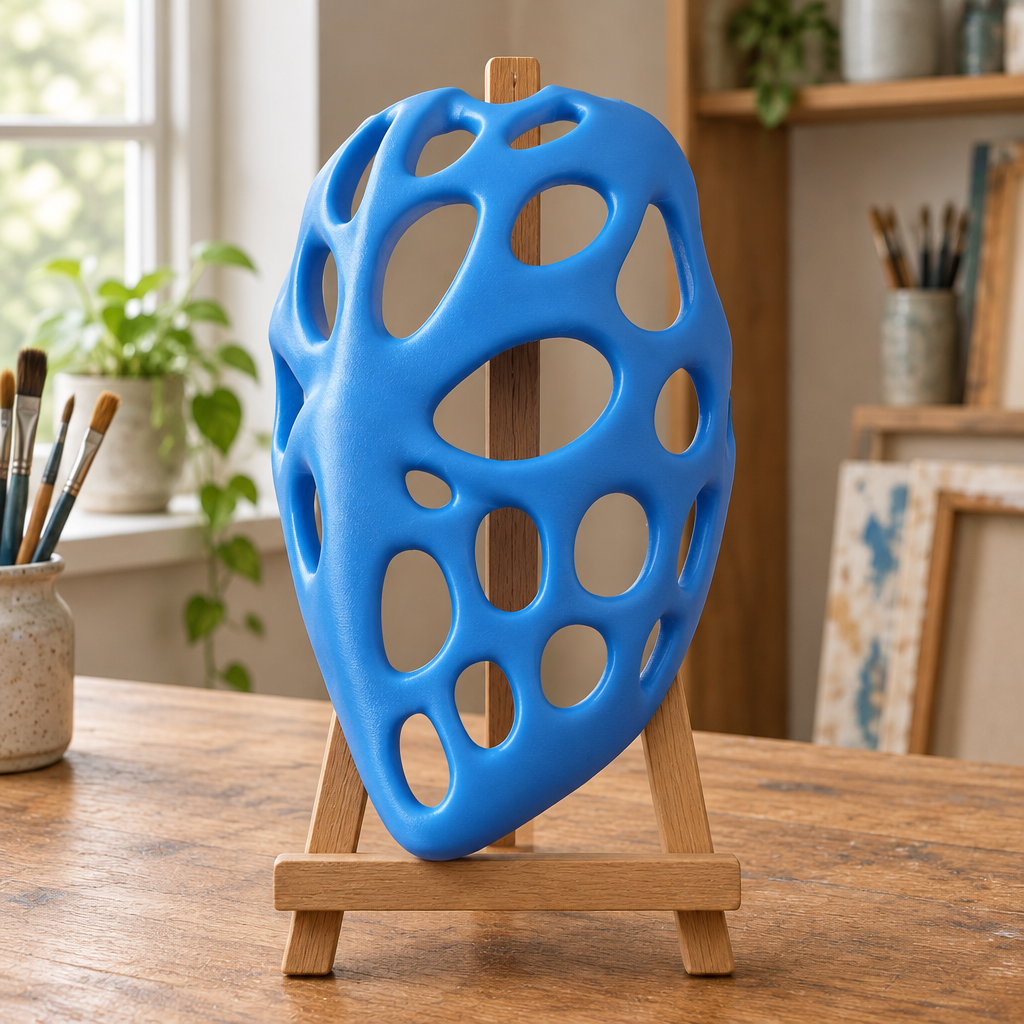 Blue organic hollow mask on a wooden display easel; strap not included