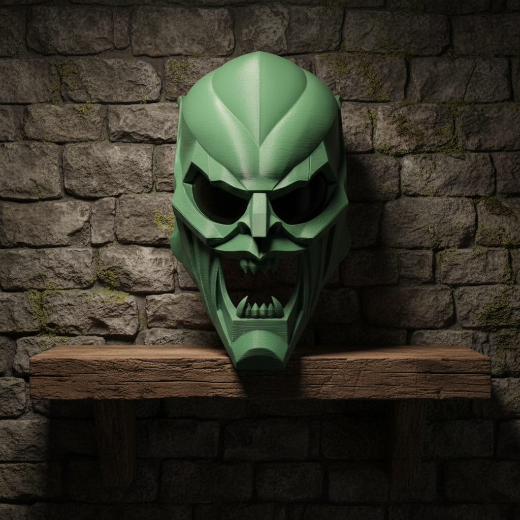 Clean green geometric villain mask sculpture displayed on a rustic shelf in a dark fantasy room