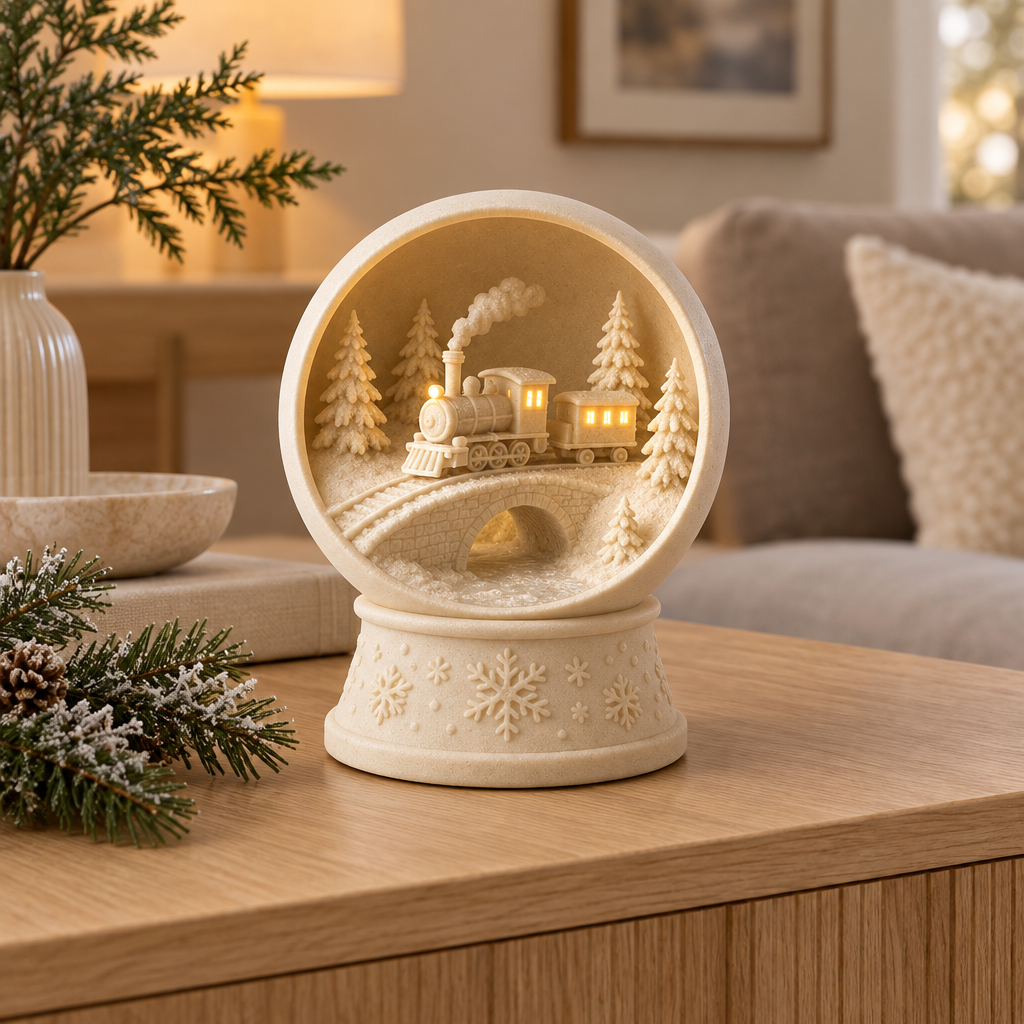 Snow globe tealight holder displayed on an oak sideboard