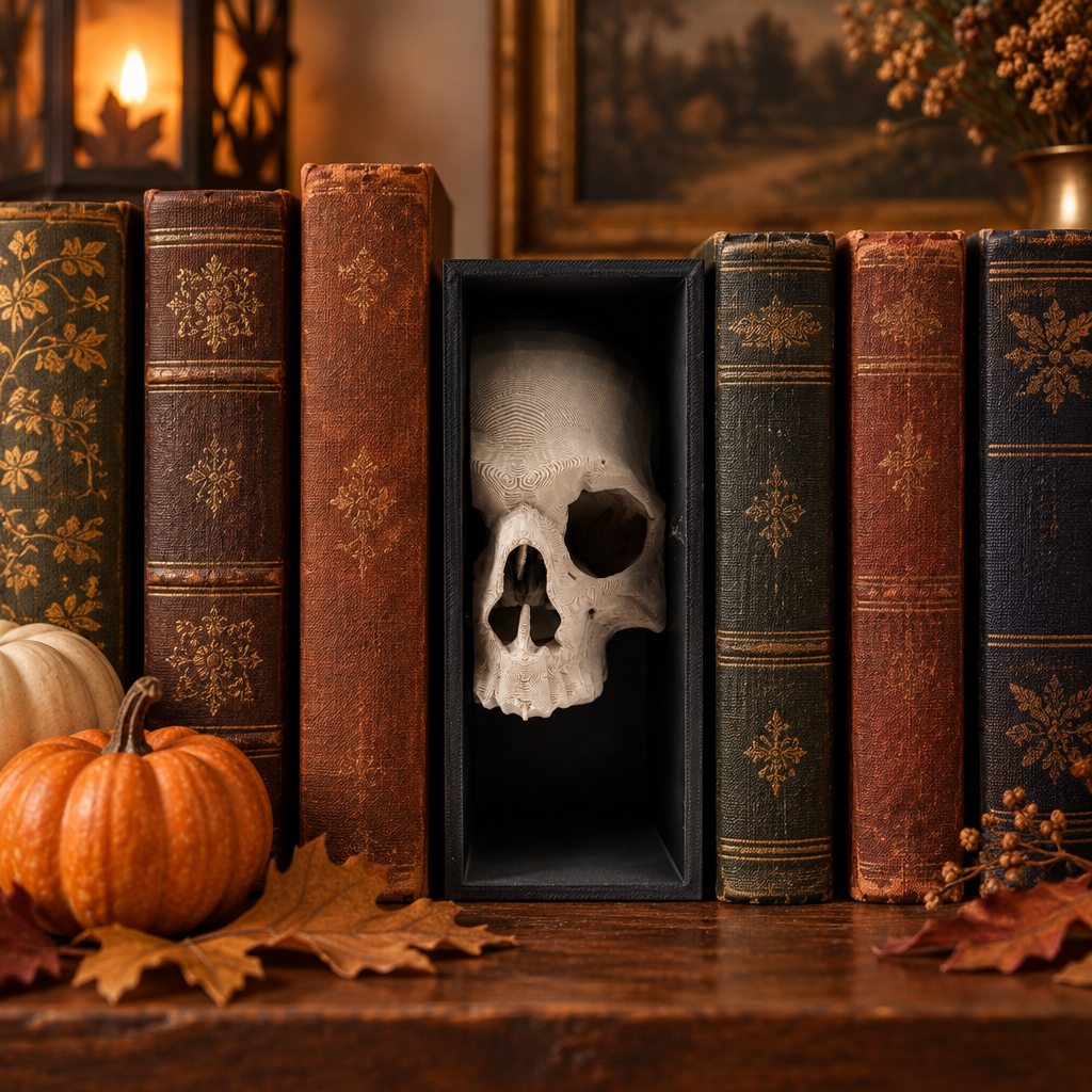 Paint-ready skull book nook among vintage books in an elegant autumn display
