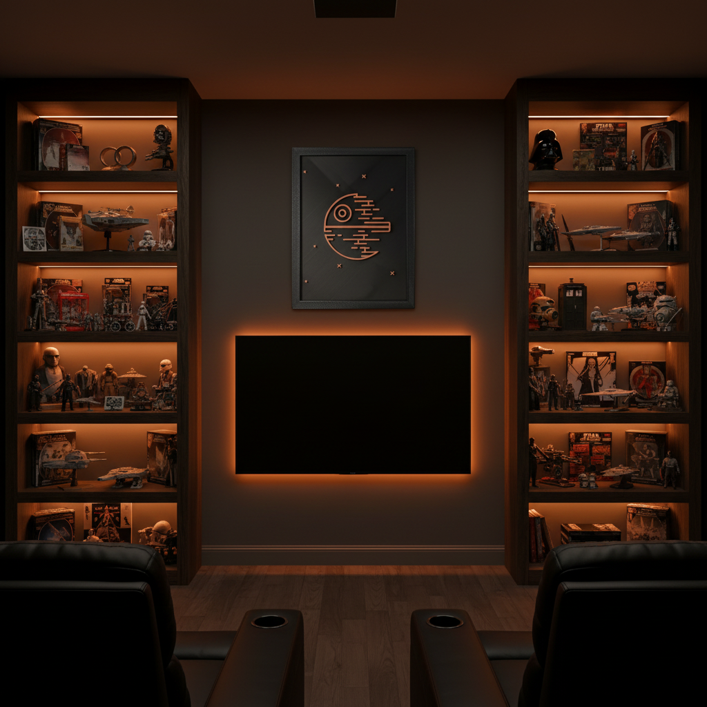 Death Star neon line art shadow box on a dark home cinema wall with sci-fi collectibles and amber LED lighting