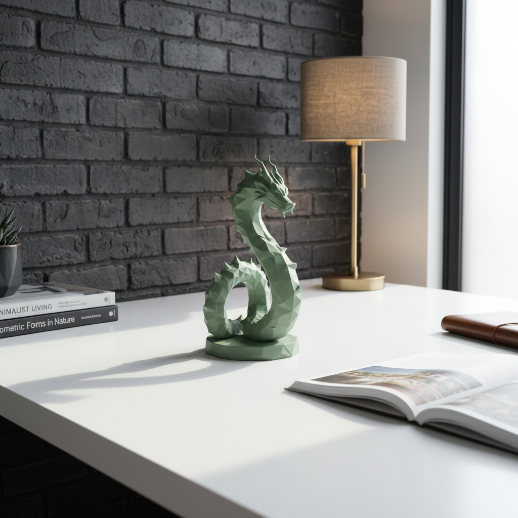 Low Poly Hydra Dragon Sculpture in green — displayed on minimalist white desk with succulent plant and design books, Scandinavian interior