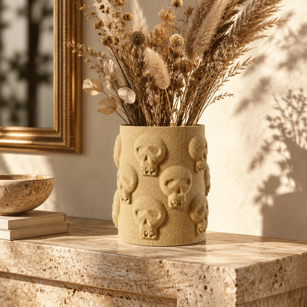 Skull Vase on travertine mantel
