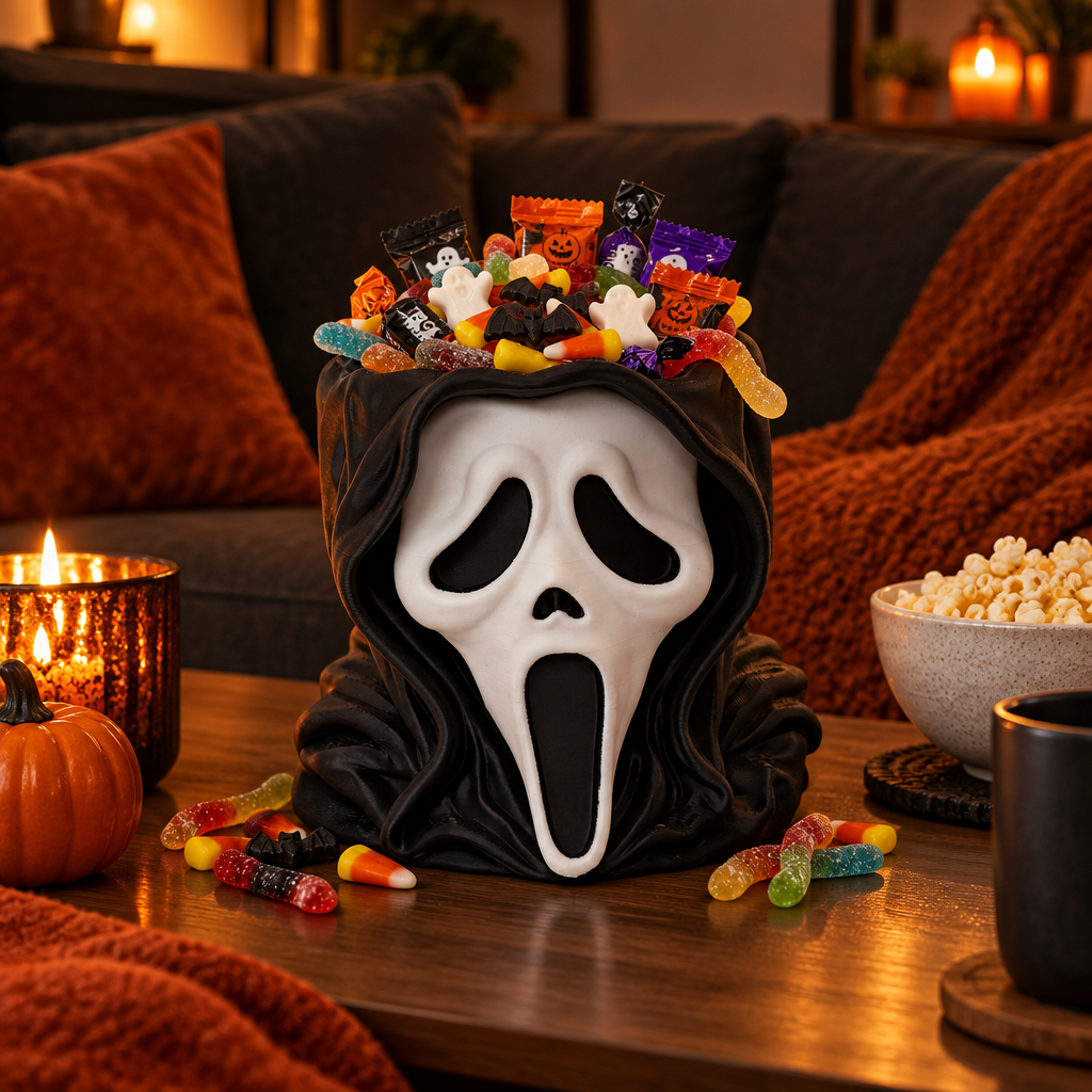 Black hooded head-shaped sweet bowl with wrapped Halloween treats on a cosy movie-night coffee table