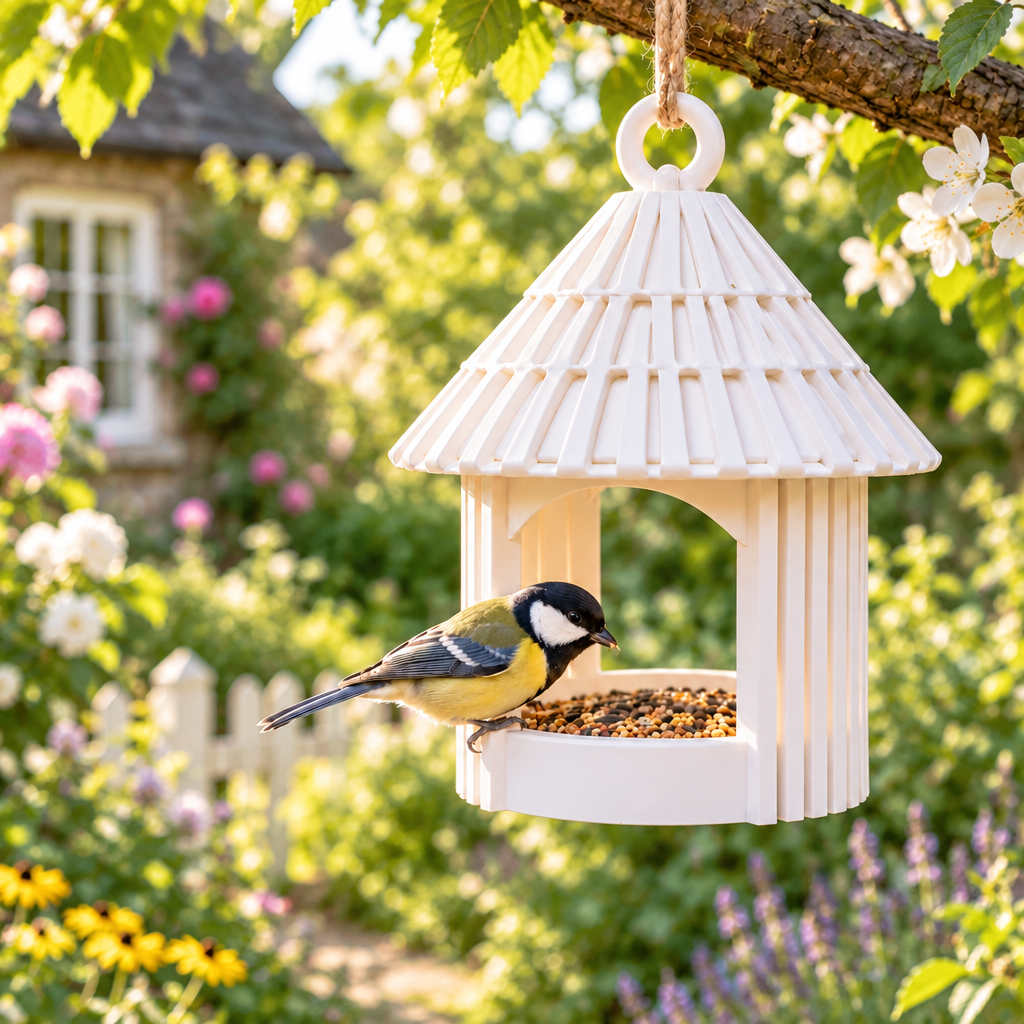 Garden Hut feeder in a sunny cottage garden