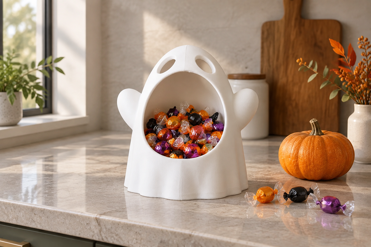 White wide-mouthed ghost sweet bowl holding wrapped sweets on a kitchen counter