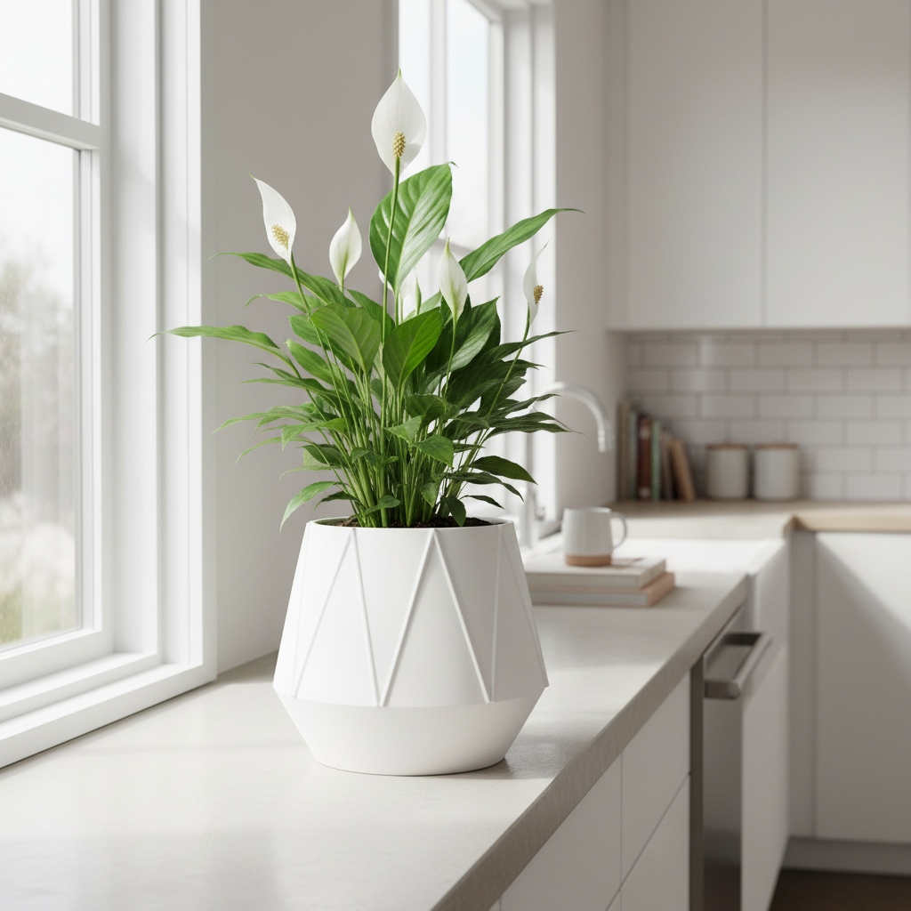 Matte white GeoBloom planter with a peace lily on a bright kitchen windowsill