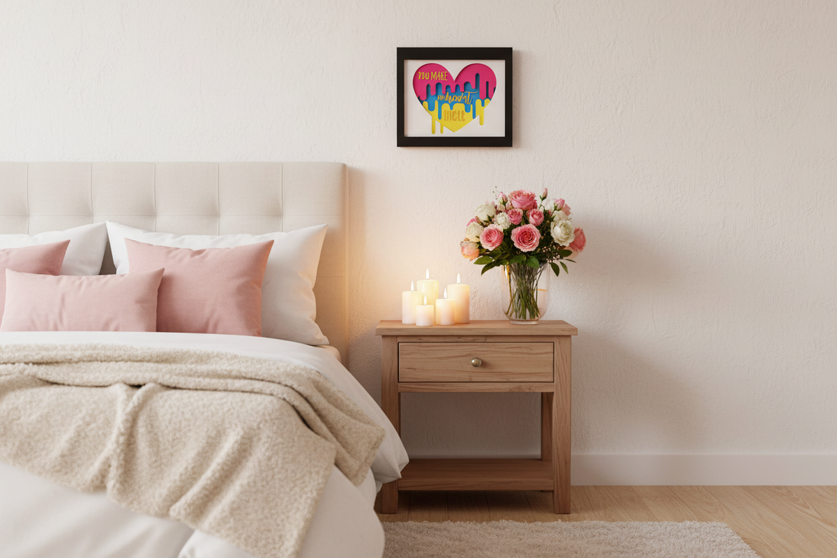 You Make My Heart Melt shadow box displayed on bedroom wall above bedside table with candles and flowers