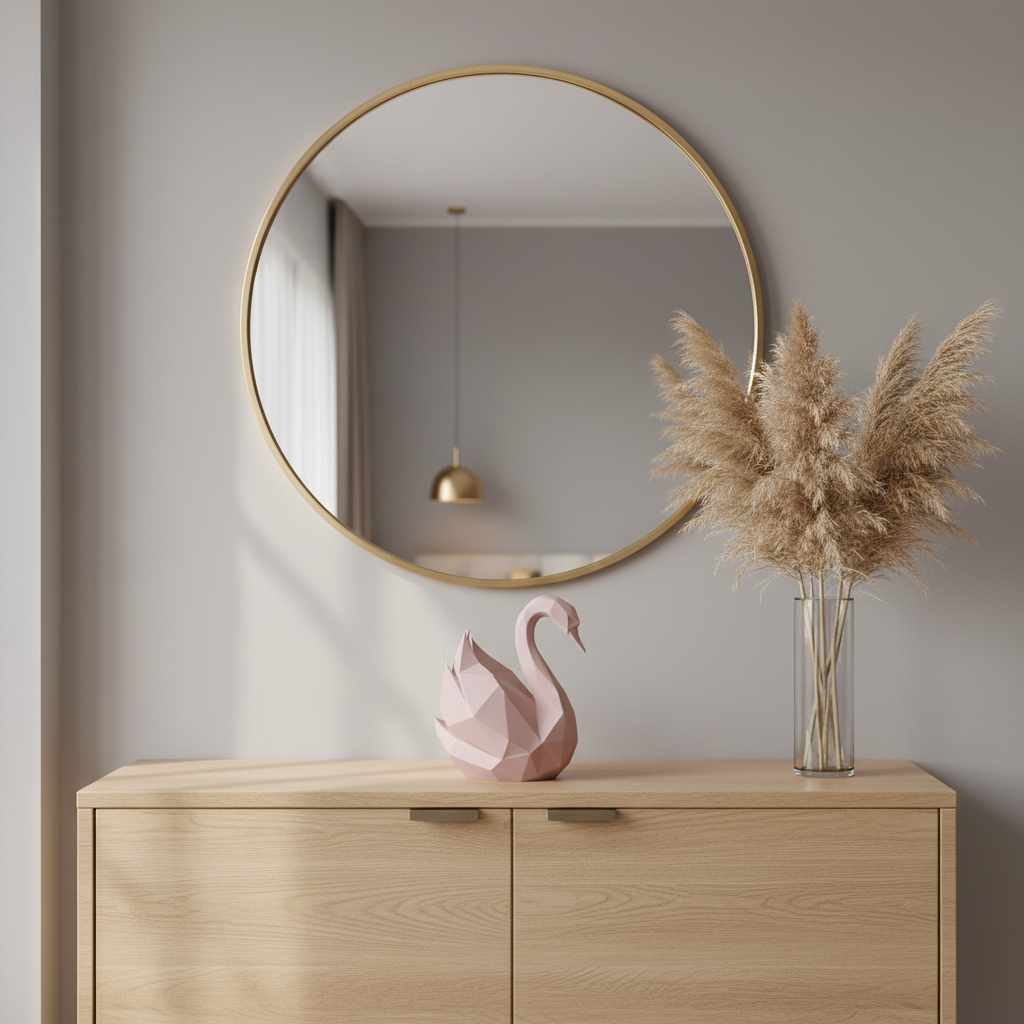 Dusty pink low-poly swan sculpture on oak sideboard with round gold mirror and pampas grass
