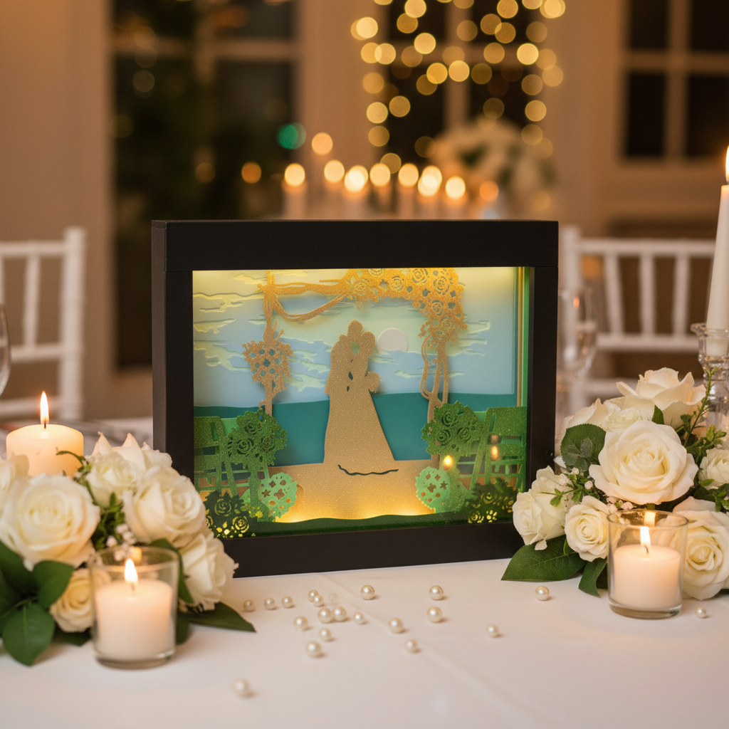 Wedding Shadow Box glowing warmly on a white wedding reception table with flowers and candles