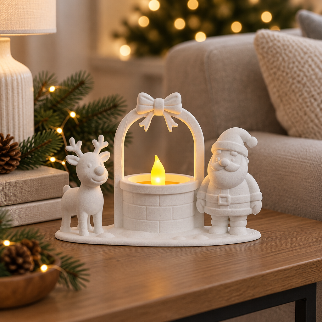 Santa and reindeer tealight holder on a side table beside a sofa