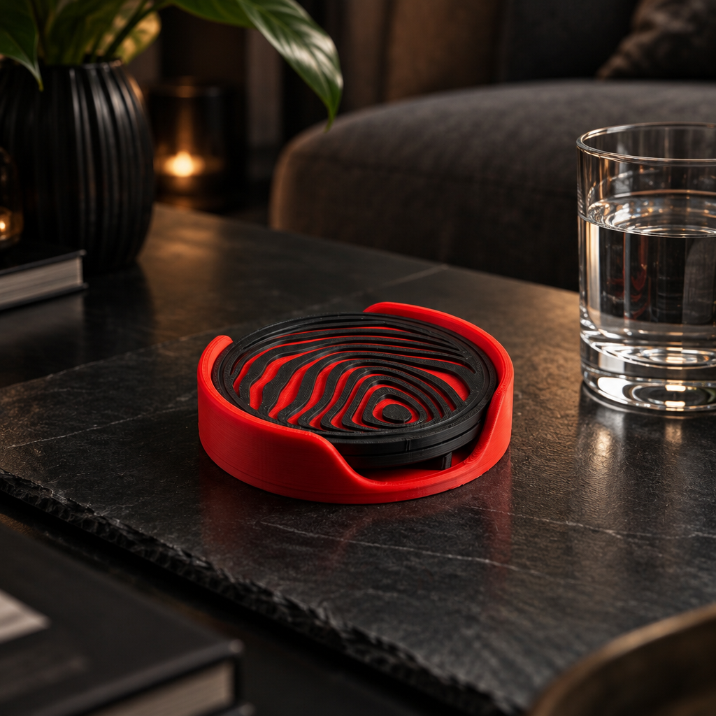 Abstract sphere coasters on black slate coffee table