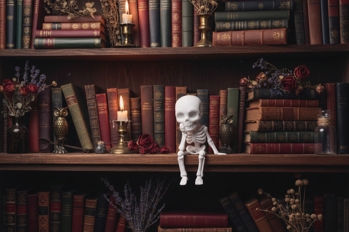 Sitting Sad Skeleton Figure perched on a gothic bookshelf