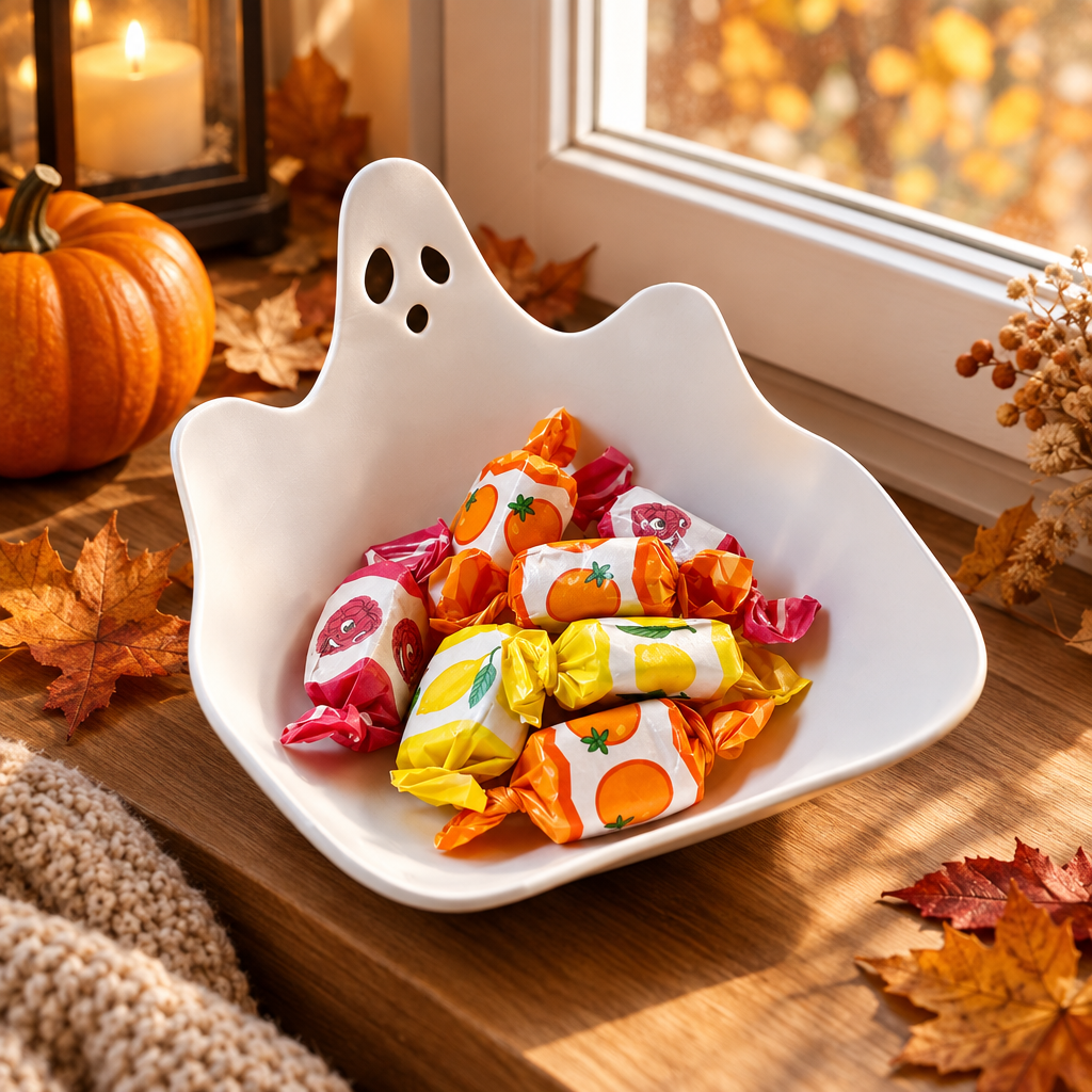 White ghost-shaped sweet tray with wrapped sweets on an autumn windowsill