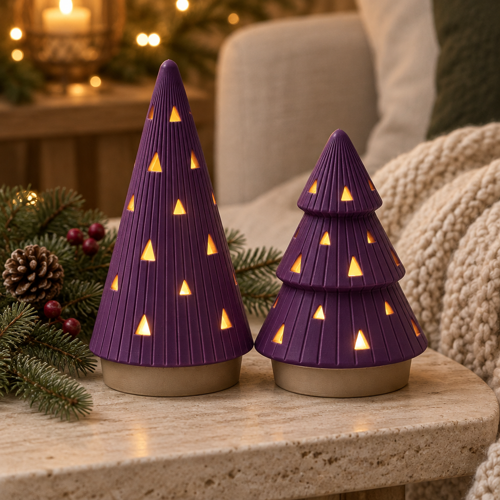 Purple ribbed Christmas tree holder pair with triangular light openings on a side table