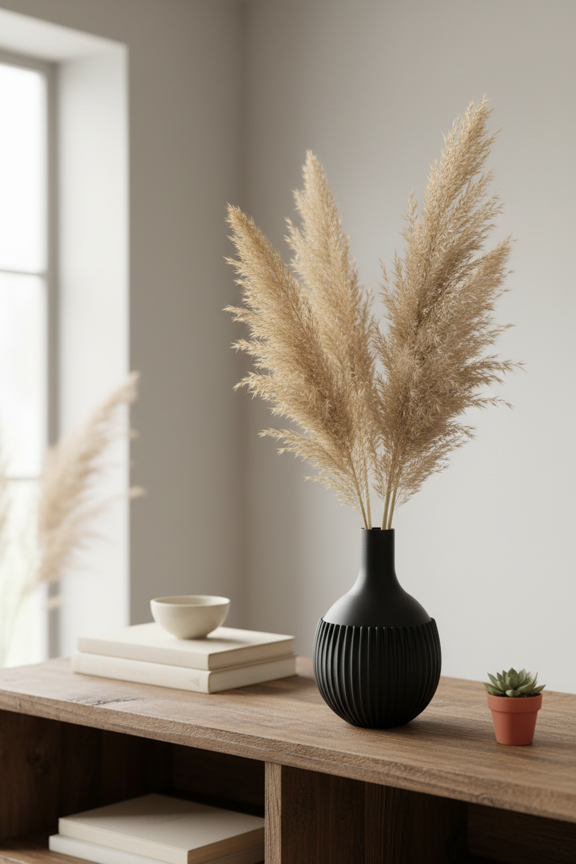 Ribbed Design Vase on a Scandinavian shelf with pampas grass