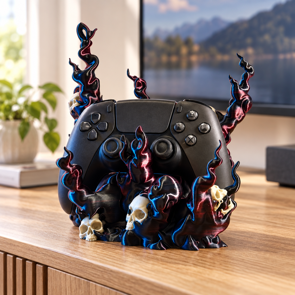 Universal skull flame controller holder with a black controller on a light oak media console