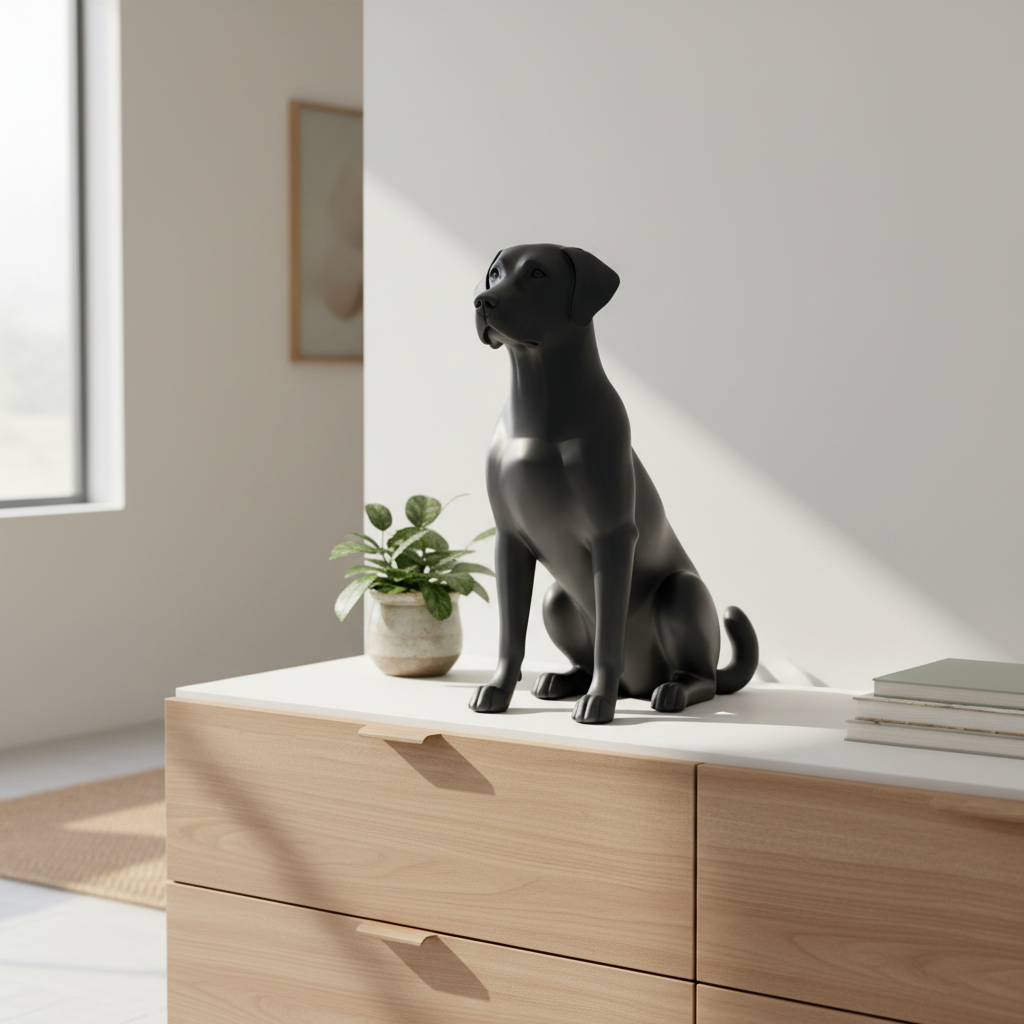 Matte black Labrador statue on a white bedroom dresser in soft morning light