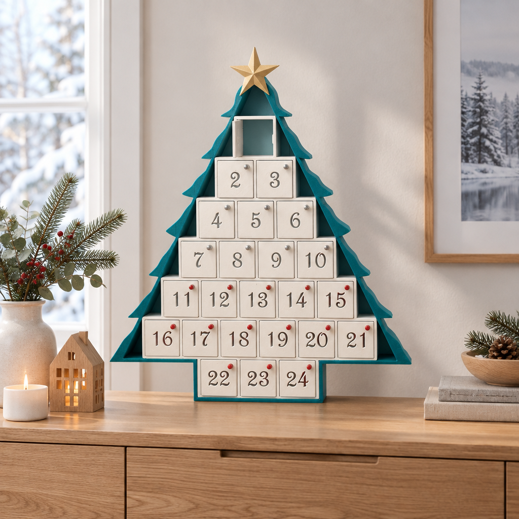 24-day advent calendar on a clean Scandinavian-style sideboard with seasonal greenery