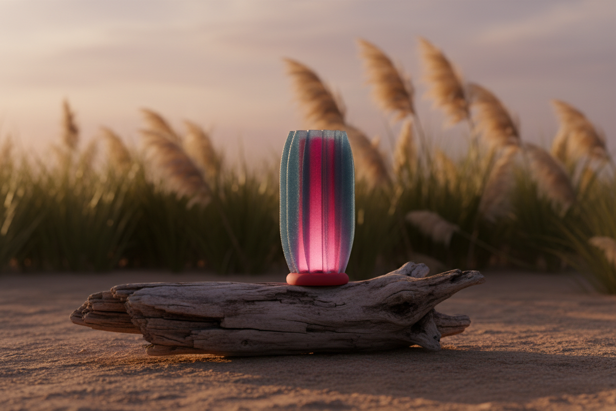 Elegant Finned Desktop Lamp on driftwood at golden hour with pampas grass