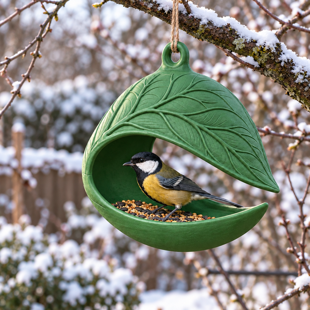 Green Leaf Nest bird feeder in a winter garden