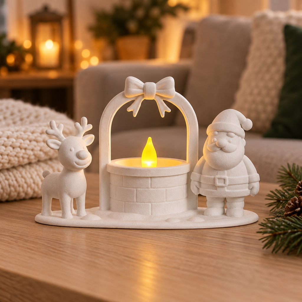Santa and reindeer tealight holder arranged on a cosy coffee table with pine accents