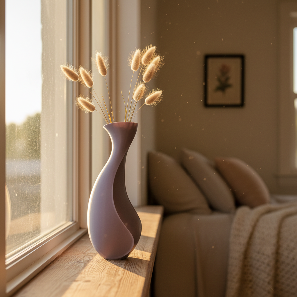 Aura vase in dusty purple with dried bunny tail grass on a windowsill in golden hour light