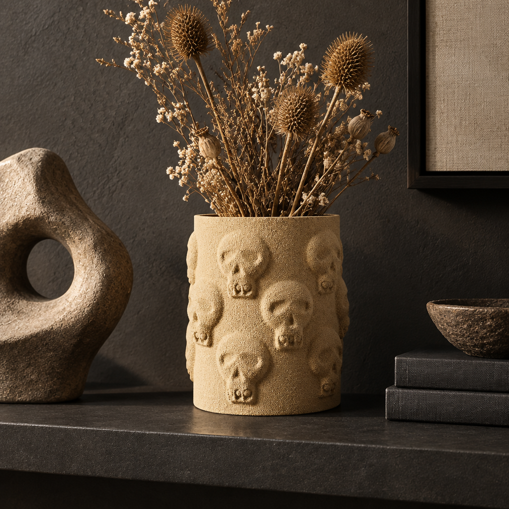 Skull Vase on charcoal shelf