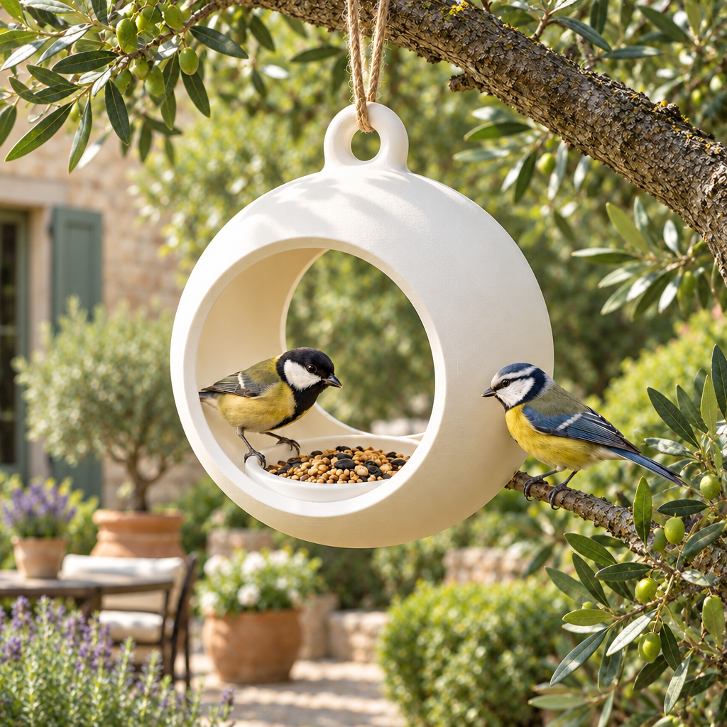 Round hanging feeder in a planted courtyard