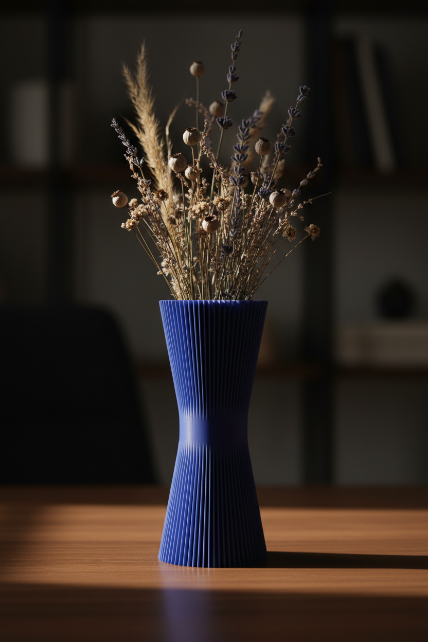 Ripple Twist Vase deep indigo blue tight vertical ribbed ripple hourglass profile dried wildflower stems warm walnut desk moody home office dramatic raking side light dark background portrait