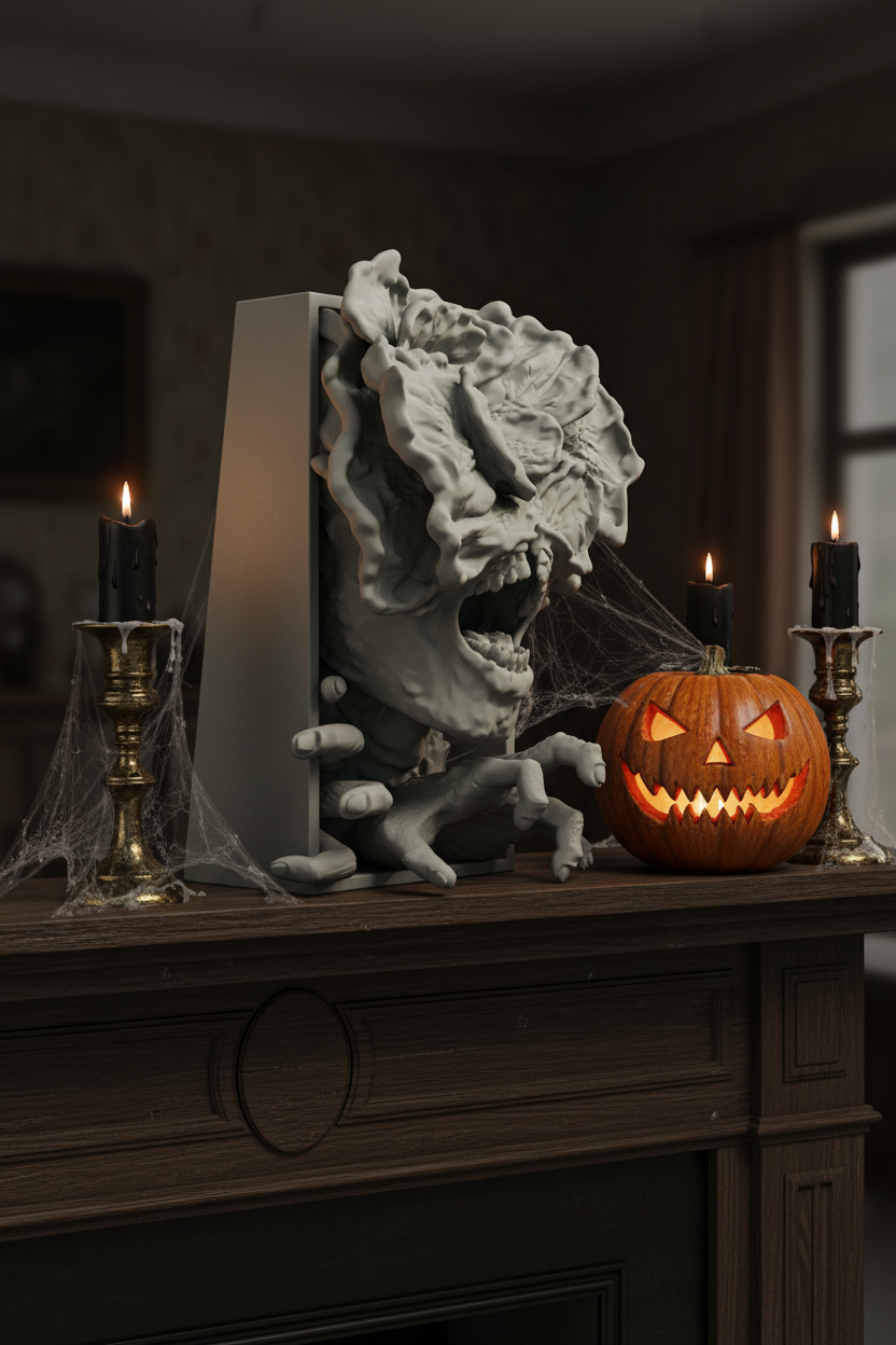Stranger Things Demogorgon book nook relief sculpture grey framed box dark oak mantelpiece black pillar candles cobwebs carved glowing pumpkin Halloween candlelight interior portrait