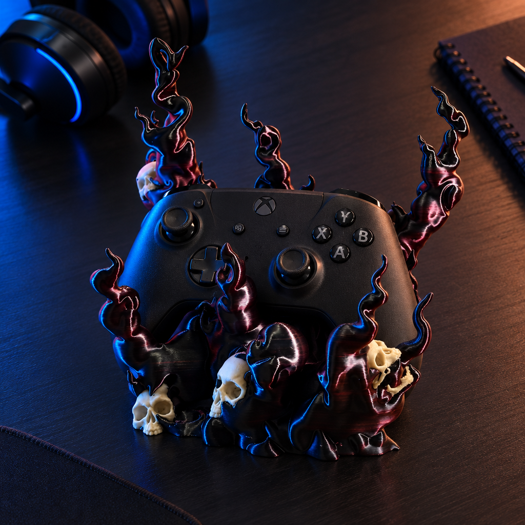 Skull flame holder with an Xbox-style controller on a dark gaming desk